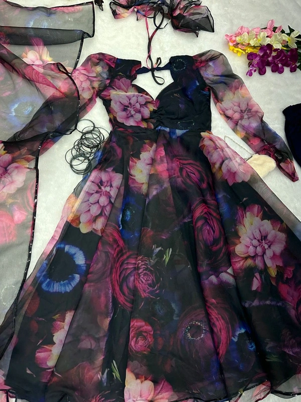 Antique Fashion  Digital printed organza silk Anarkali suit with huge flair 🌸 - M (38)