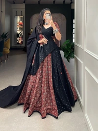 Antique Fashion 1 Presenting to you our latest masterpiece of navratri collection. Dress up into this printed new maroon color and the mirror work chaniya choli  to a create your garba look more significant 🖤