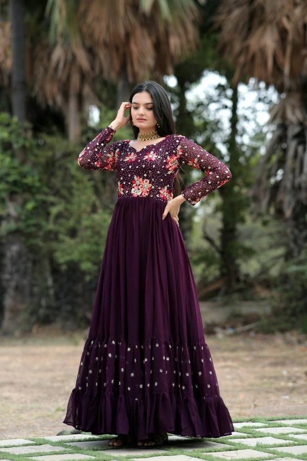 Antique Fashion 1 *Enchanting Looks Faux Blooming with Multi-thread Embroidery and Sequins work  Double Frill-Stitch with Full sleeves Gown.* - Xxl (44), wine