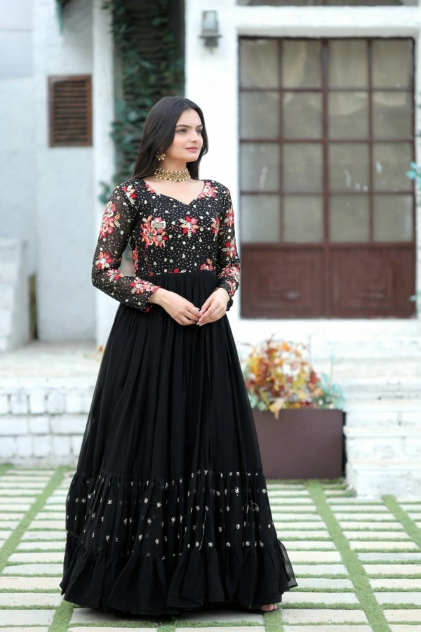 Antique Fashion 1 *Enchanting Looks Faux Blooming with Multi-thread Embroidery and Sequins work  Double Frill-Stitch with Full sleeves Gown.* - Black, Xl (42)