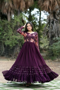 Antique Fashion 1 *Enchanting Looks Faux Blooming with Multi-thread Embroidery and Sequins work  Double Frill-Stitch with Full sleeves Gown.* - Xxl (44), wine
