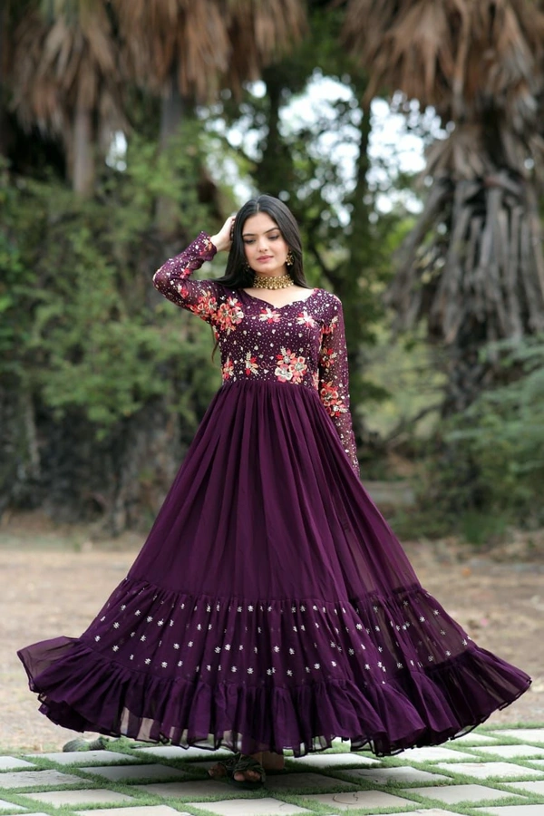 Antique Fashion 1 *Enchanting Looks Faux Blooming with Multi-thread Embroidery and Sequins work  Double Frill-Stitch with Full sleeves Gown.* - Xxl (44), wine