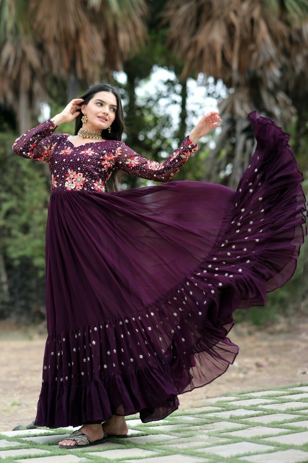 Antique Fashion 1 *Enchanting Looks Faux Blooming with Multi-thread Embroidery and Sequins work  Double Frill-Stitch with Full sleeves Gown.* - Xxl (44), wine