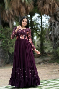 Antique Fashion 1 *Enchanting Looks Faux Blooming with Multi-thread Embroidery and Sequins work  Double Frill-Stitch with Full sleeves Gown.* - Xxl (44), wine