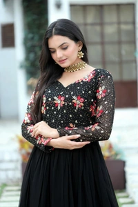 Antique Fashion 1 *Enchanting Looks Faux Blooming with Multi-thread Embroidery and Sequins work  Double Frill-Stitch with Full sleeves Gown.* - Black, Xl (42)