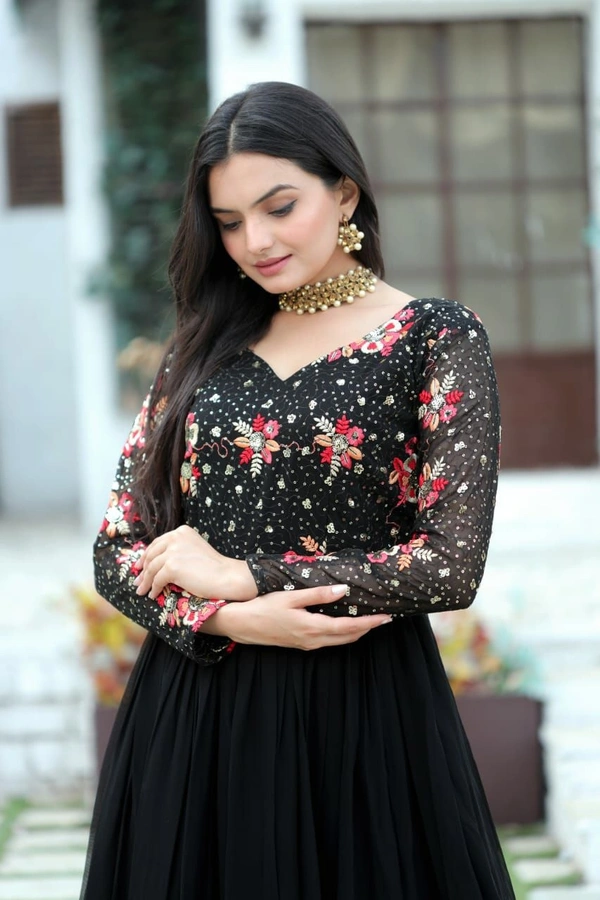 Antique Fashion 1 *Enchanting Looks Faux Blooming with Multi-thread Embroidery and Sequins work  Double Frill-Stitch with Full sleeves Gown.* - Black, Xl (42)