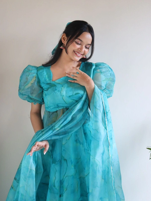 Antique Fashion  *Anarkali* - Digital printed pure organza silk Anarkali Front Slit suit of huge flair with Lace Border 🌸 - S (36)