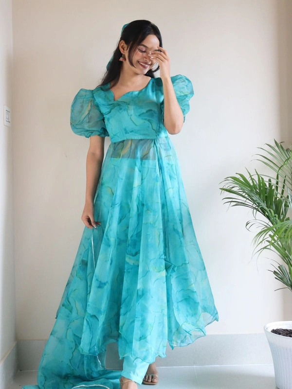 Antique Fashion  *Anarkali* - Digital printed pure organza silk Anarkali Front Slit suit of huge flair with Lace Border 🌸 - S (36)