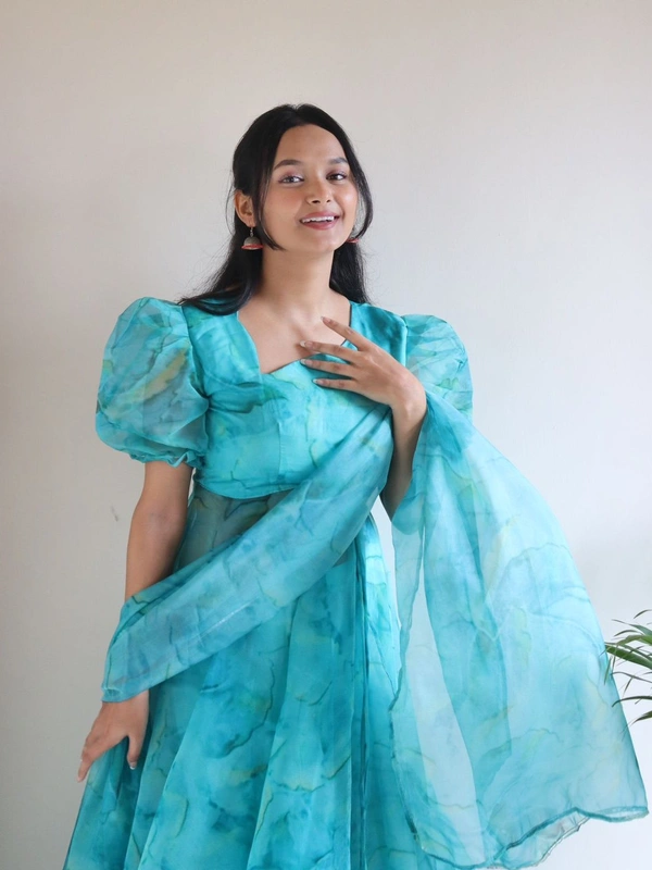 Antique Fashion  *Anarkali* - Digital printed pure organza silk Anarkali Front Slit suit of huge flair with Lace Border 🌸 - L (40)