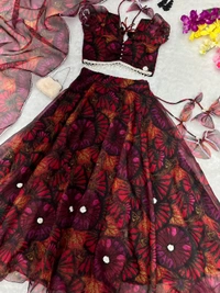 Antique Fashion 1 lehnga Choli * -  Pure organza silk digital printed lehnga with knitted flowers. 8mtr flair lehnga with canvas patta