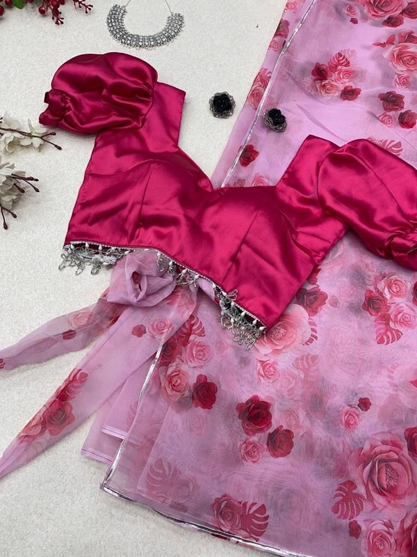 Antique Fashion  Saree Blause     Pure organza silk digital printed saree with designer lace border  