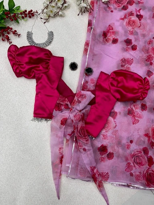 Antique Fashion  Saree Blause     Pure organza silk digital printed saree with designer lace border  