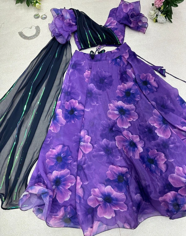 Antique Fashion  *lehnga* -  Pure Jimmy organza silk digital printed lehnga .  8mtr flair lehnga with canvas patta 🌸