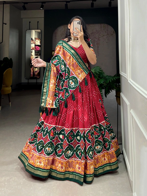 Antique Fashion 1 Step into the world of sheer Tussar Silk with Patola Print magic with these stunning lehenga! 💫 - mahroom