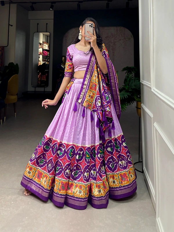 Antique Fashion  Step into the world of sheer Tussar Silk with Patola Print magic with these stunning lehenga! 💫 - levender