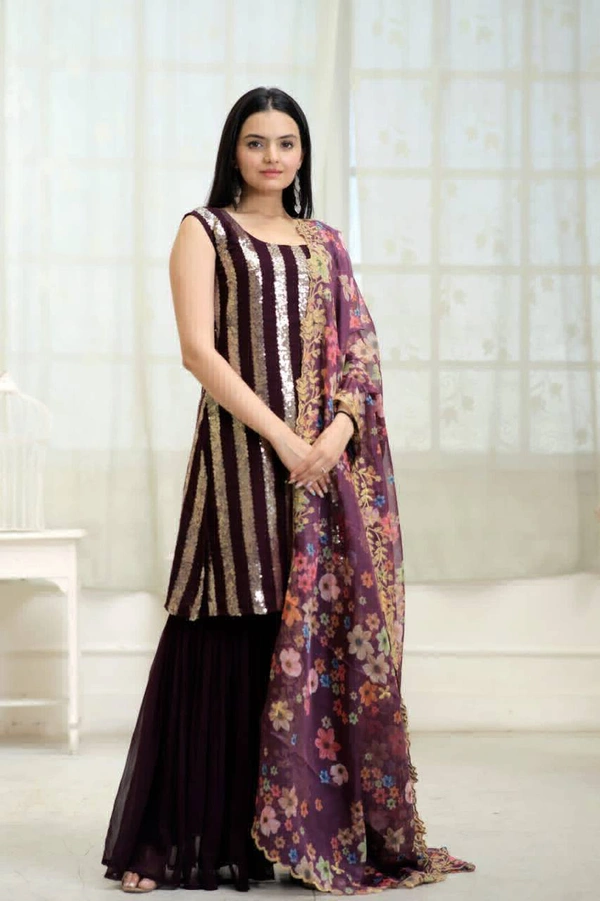 Antique Fashion 1 Be the center of Attractions with this Faux Blooming Sequins work Top With Rich Printed  Embroidered Dupatta Attached with ShararabSelect this with one blink and add in your wardrobe - wine, S (36)