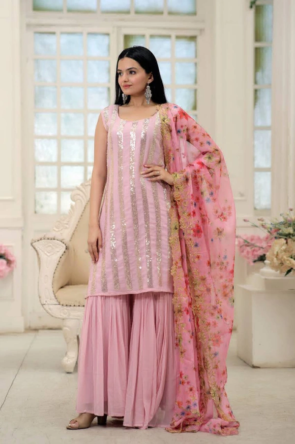 Antique Fashion 1 Be the center of Attractions with this Faux Blooming Sequins work Top With Rich Printed  Embroidered Dupatta Attached with ShararabSelect this with one blink and add in your wardrobe - pink, M (38)