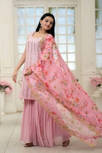 Antique Fashion 1 Be the center of Attractions with this Faux Blooming Sequins work Top With Rich Printed  Embroidered Dupatta Attached with ShararabSelect this with one blink and add in your wardrobe - pink, M (38)