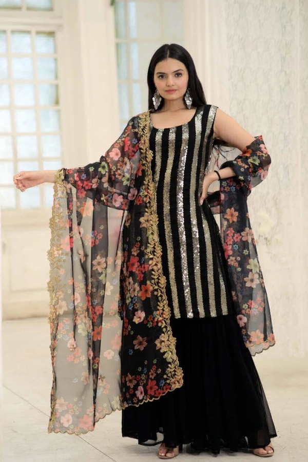 Antique Fashion 1 Be the center of Attractions with this Faux Blooming Sequins work Top With Rich Printed  Embroidered Dupatta Attached with ShararabSelect this with one blink and add in your wardrobe - Black, M (38)
