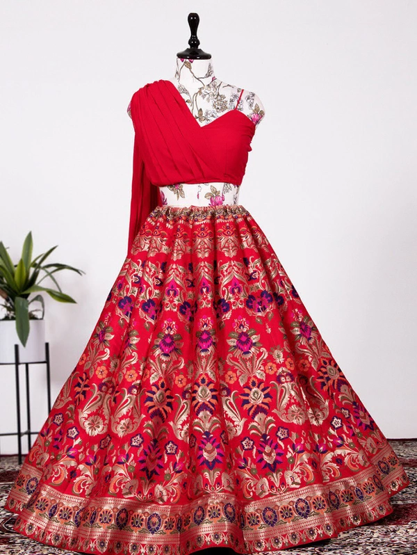 Antique Fashion  Step into with our best lehenga weaved perfectly and beautifully crafted with Banarasi design detailing This look is perfect of all your shaadi season styles be it sangeet  pooja kitty parties or brunches  - Red