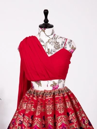 Antique Fashion 1 Step into with our best lehenga weaved perfectly and beautifully crafted with Banarasi design detailing This look is perfect of all your shaadi season styles be it sangeet  pooja kitty parties or brunches  - Red