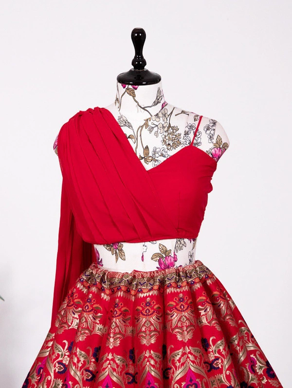 Antique Fashion  Step into with our best lehenga weaved perfectly and beautifully crafted with Banarasi design detailing This look is perfect of all your shaadi season styles be it sangeet  pooja kitty parties or brunches  - Red