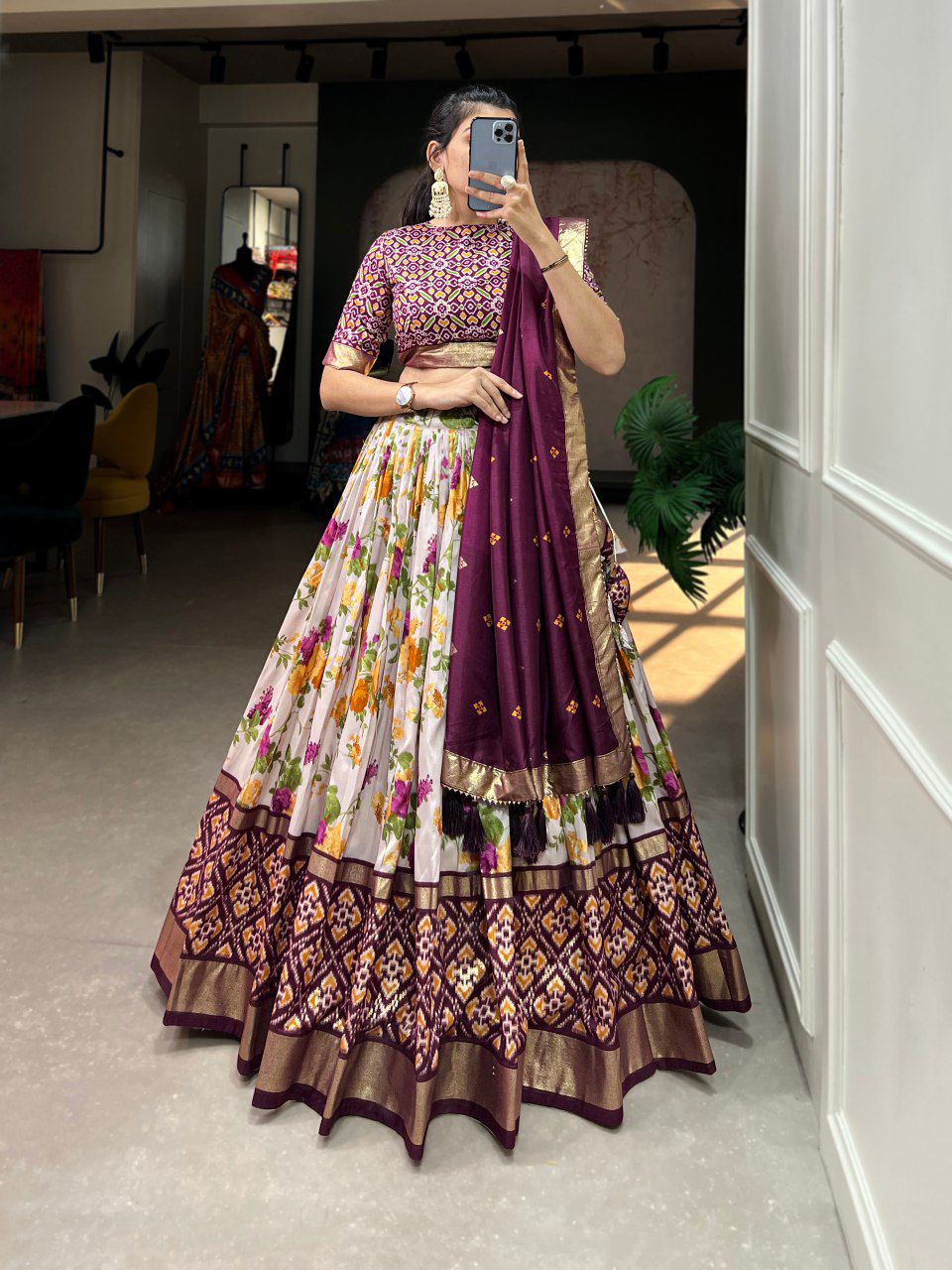 A exquisite Tussar Silk Lehenga Set with Perfect floral abd patola