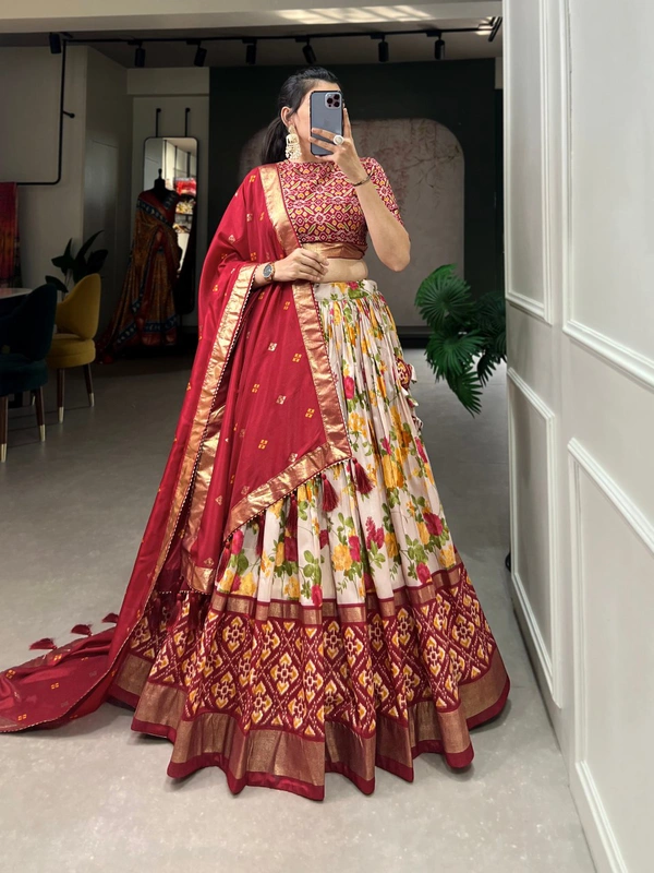 Antique Fashion 1 A exquisite Tussar Silk Lehenga Set with Perfect floral abd patola print design to make you feel utterly beatific - Red