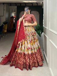 Antique Fashion 1 A exquisite Tussar Silk Lehenga Set with Perfect floral abd patola print design to make you feel utterly beatific - Red