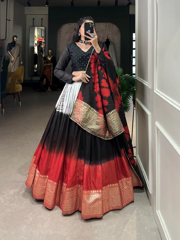 Antique Fashion 1 A modern take with traditional touch up for the wedding season this lehenga handcrafted shibori print with zari border on pure chanderi   - Black