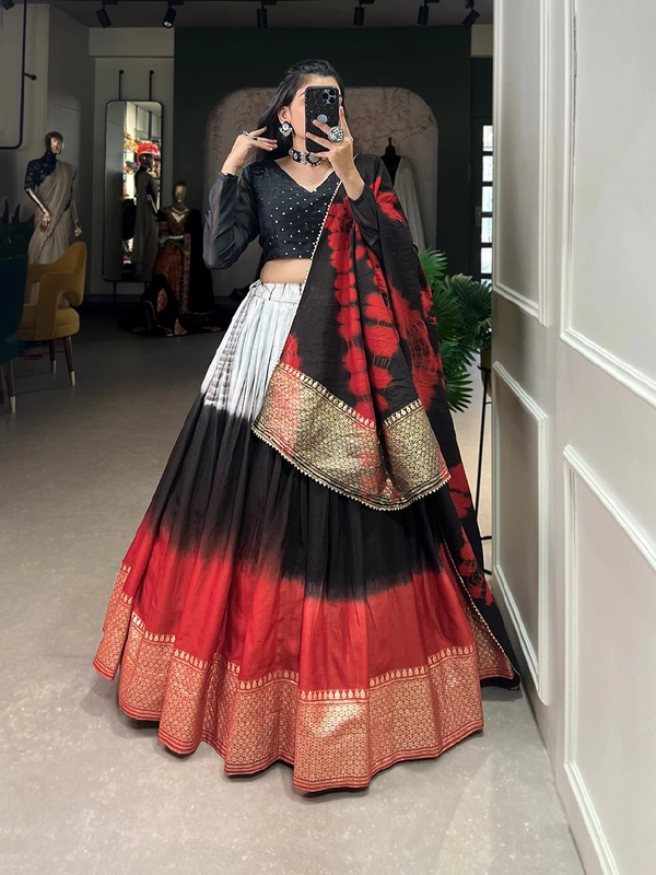 Antique Fashion 1 A modern take with traditional touch up for the wedding season this lehenga handcrafted shibori print with zari border on pure chanderi   - Black