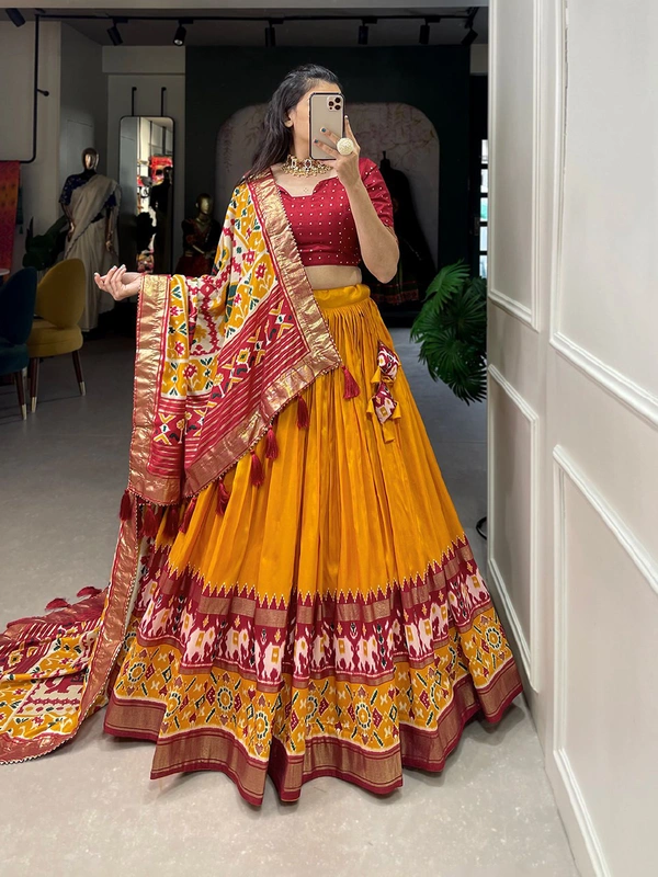 Antique Fashion  Presenting a perfectly blended Tussar Silk lehenga for festive season to charm your look  - mustard, Unstitched Blouse