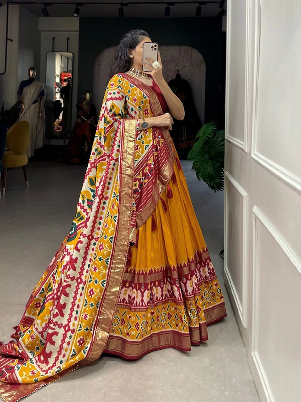 Antique Fashion  Presenting a perfectly blended Tussar Silk lehenga for festive season to charm your look  - mustard, Unstitched Blouse