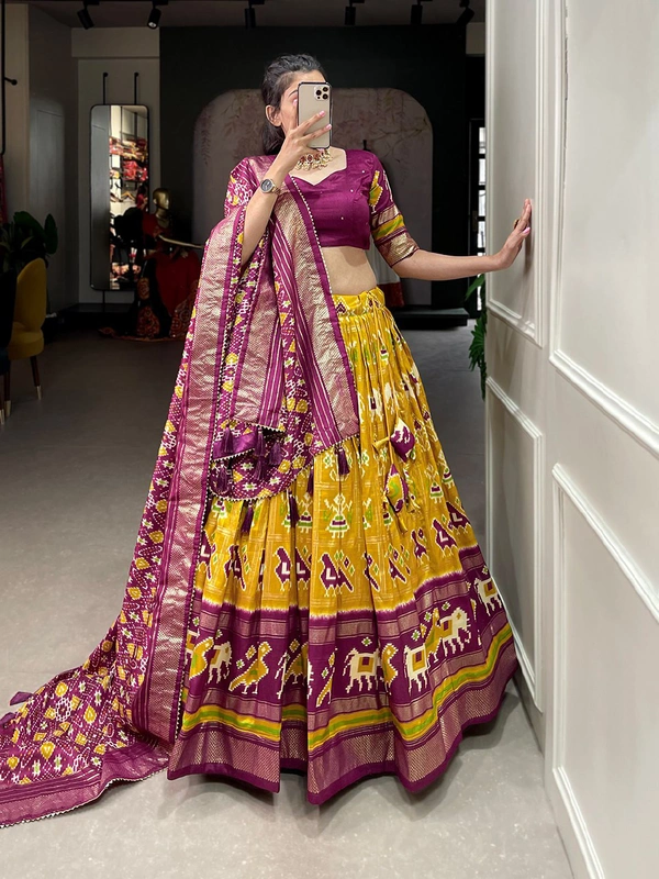 Antique Fashion  Simple yet amazing beautiful tussar silk chaniya choli is best for you to wear this Navratri for long hours and yet remain very comfortable  - mustard