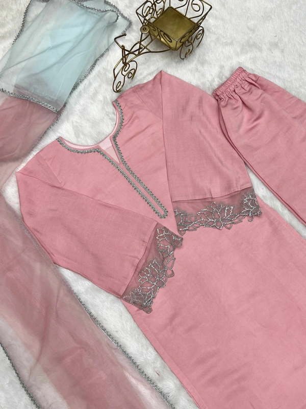 Antique Fashion 1  PRESENTING NEW Beautiful kurta three piece set fancy cutwork lace detail on sleeves necline lace with duppta set  - Xl (42)