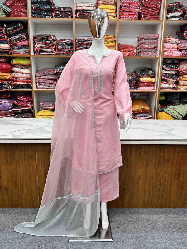 Antique Fashion 1  PRESENTING NEW Beautiful kurta three piece set fancy cutwork lace detail on sleeves necline lace with duppta set  - Xl (42)