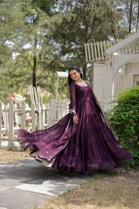 Antique Fashion 1 Desirable Women  gown Made With Faux Blooming Fabrics and Designer Embroidered Dupatta  - wine, S (36)