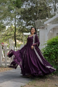Antique Fashion 1 Desirable Women  gown Made With Faux Blooming Fabrics and Designer Embroidered Dupatta  - wine, L (40)