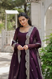 Antique Fashion 1 Desirable Women  gown Made With Faux Blooming Fabrics and Designer Embroidered Dupatta  - wine, L (40)