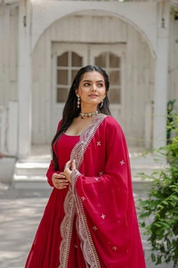 Antique Fashion 1 Desirable Women  gown Made With Faux Blooming Fabrics and Designer Embroidered Dupatta  - rani, M (38)