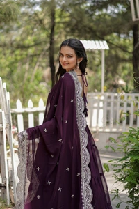 Antique Fashion 1 Desirable Women  gown Made With Faux Blooming Fabrics and Designer Embroidered Dupatta  - wine, M (38)