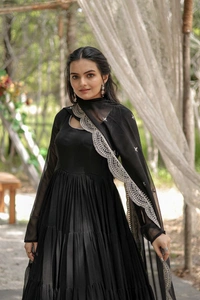 Antique Fashion 1 Desirable Women  gown Made With Faux Blooming Fabrics and Designer Embroidered Dupatta  - Black, L (40)