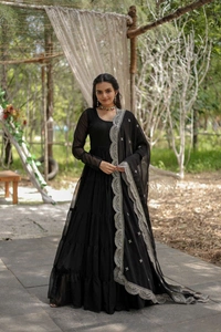 Antique Fashion 1 Desirable Women  gown Made With Faux Blooming Fabrics and Designer Embroidered Dupatta  - Black, L (40)