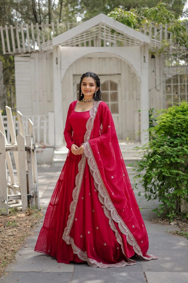 Antique Fashion 1 Desirable Women  gown Made With Faux Blooming Fabrics and Designer Embroidered Dupatta  - rani, L (40)
