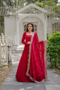 Antique Fashion 1 Desirable Women  gown Made With Faux Blooming Fabrics and Designer Embroidered Dupatta  - rani, Xl (42)