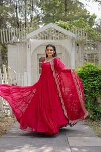 Antique Fashion 1 Desirable Women  gown Made With Faux Blooming Fabrics and Designer Embroidered Dupatta  - rani, Xl (42)