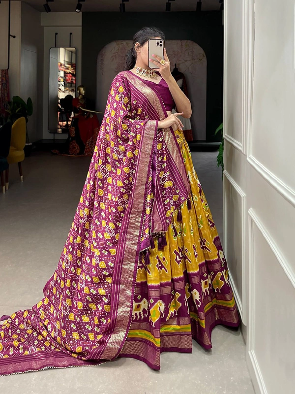Antique Fashion  Simple yet amazing beautiful tussar silk chaniya choli is best for you to wear this Navratri for long hours and yet remain very comfortable  - mustard