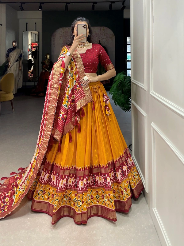 Antique Fashion  Presenting a perfectly blended Tussar Silk lehenga for festive season to charm your look  - mustard, Unstitched Blouse
