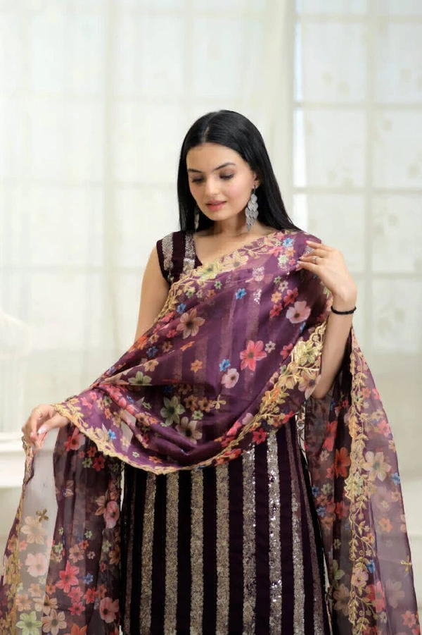 Antique Fashion 1 Be the center of Attractions with this Faux Blooming Sequins work Top With Rich Printed  Embroidered Dupatta Attached with ShararabSelect this with one blink and add in your wardrobe - wine, S (36)