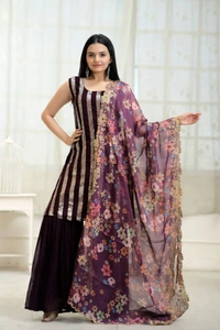 Antique Fashion 1 Be the center of Attractions with this Faux Blooming Sequins work Top With Rich Printed  Embroidered Dupatta Attached with ShararabSelect this with one blink and add in your wardrobe - wine, S (36)